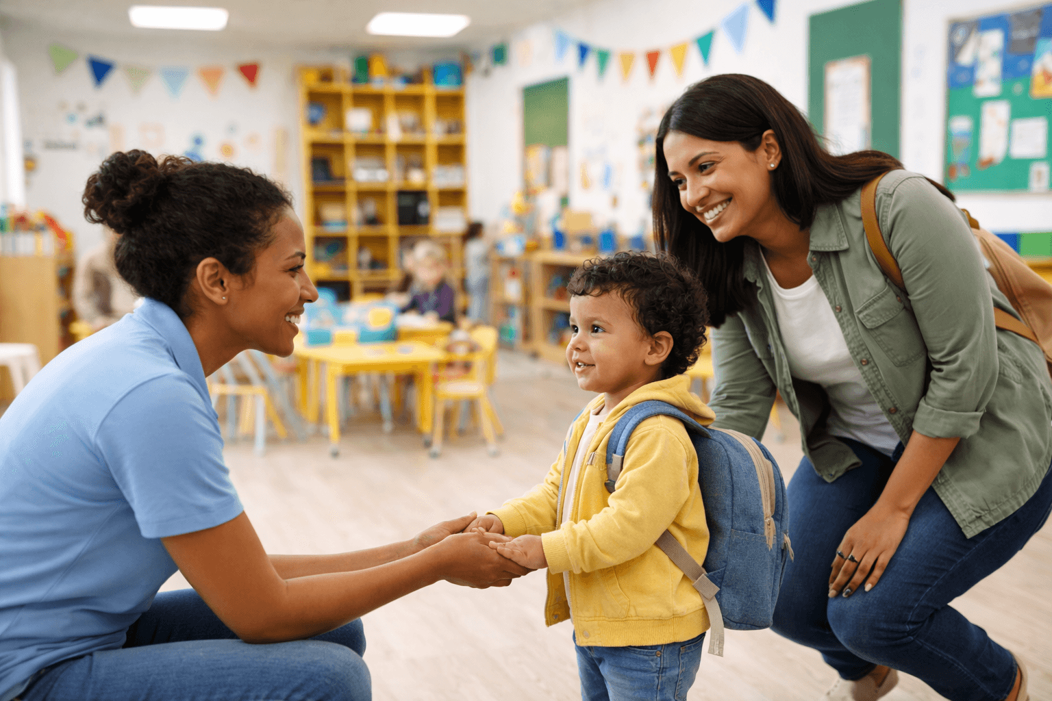 Parent and toddler visiting a nursery during a tour, with a caregiver kneeling to greet the child